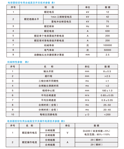 永磁真空开关技术参数